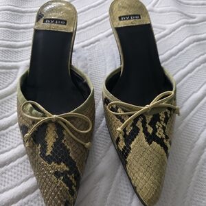 Hype Gold and Black Snake Pattern Kitten Heel Mules